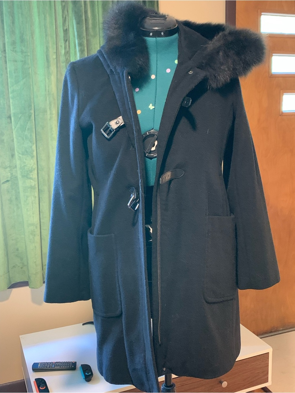 Forecaster of Boston Platinum Black Wool Coat with REAL FOX FUR trim
